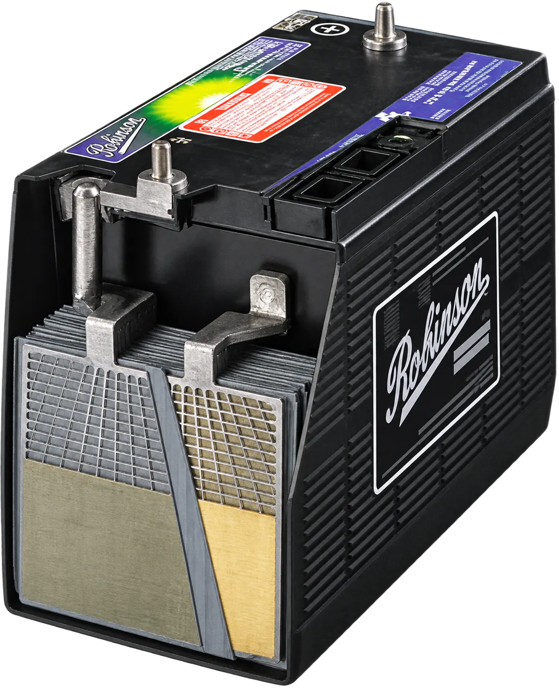 Acumulador Robinson abierto que muestra sus terminales, tapa, placas, separadores y caja